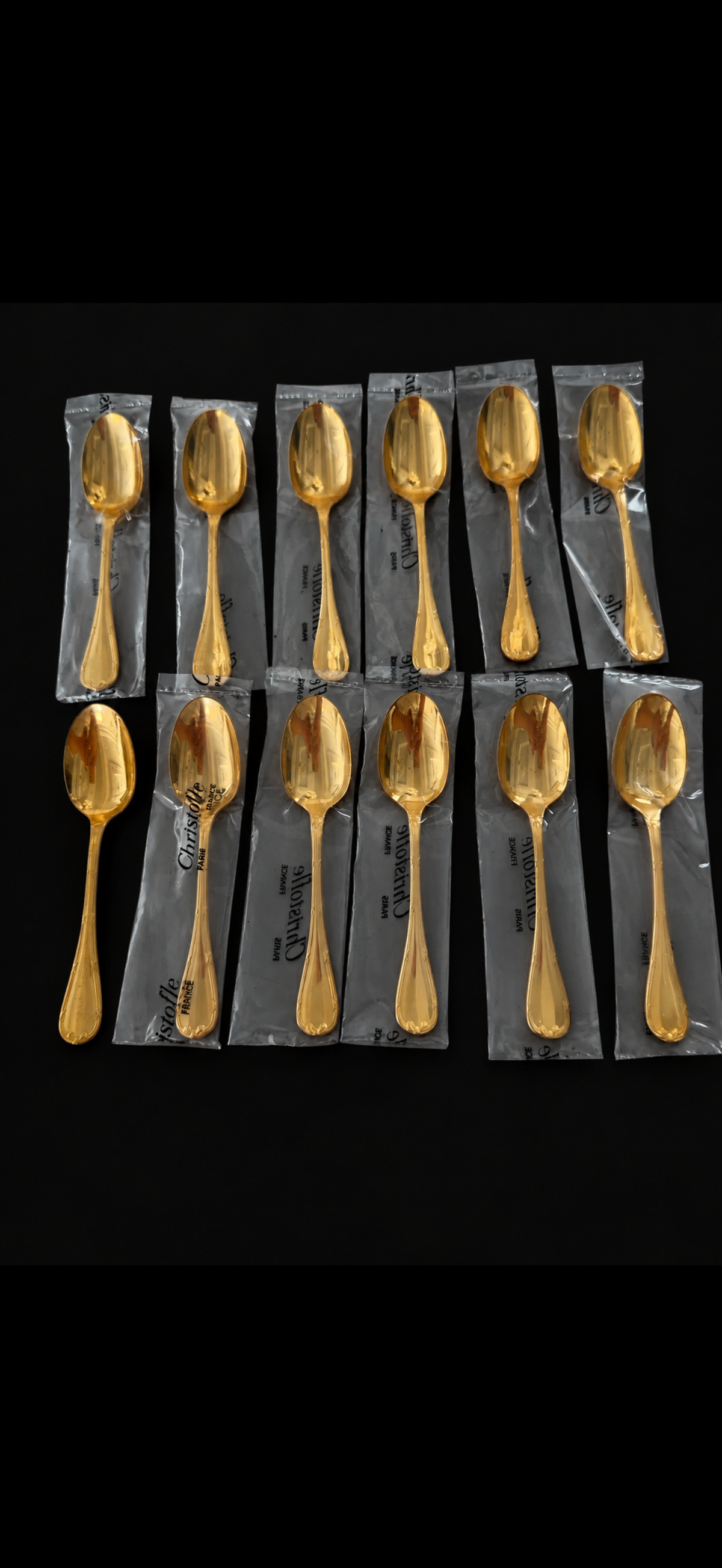 Christofle Rubans, 6 cuillères à moka en métal doré, neuves sous blister