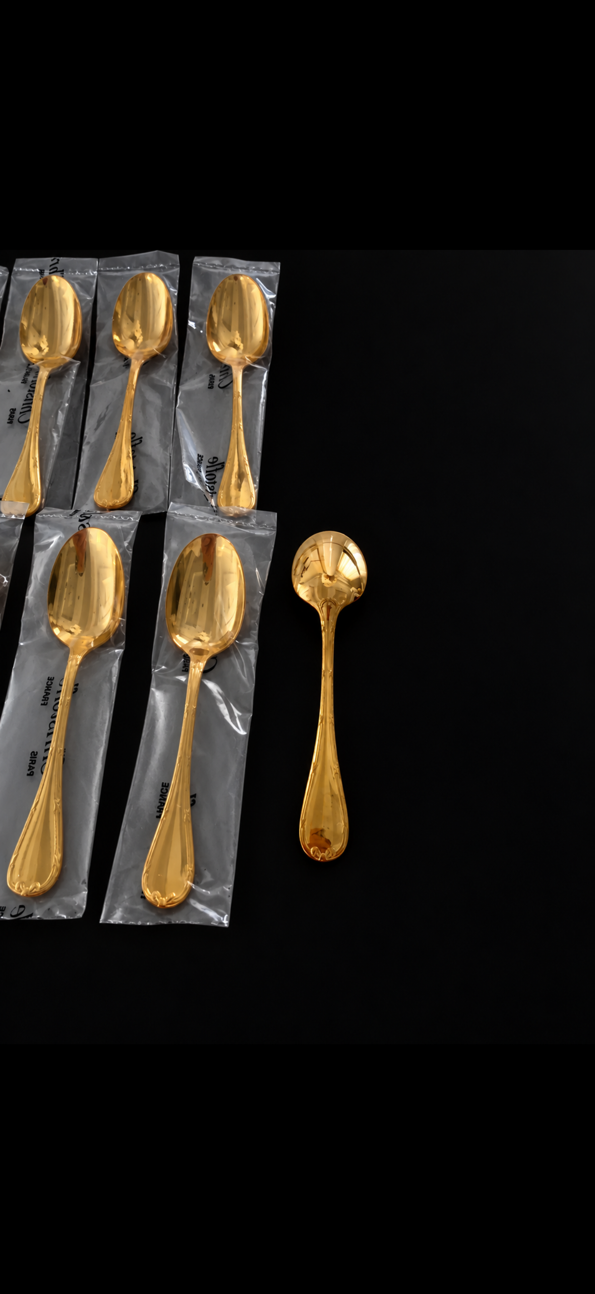 Christofle Rubans, 6 cuillères à moka en métal doré, neuves sous blister