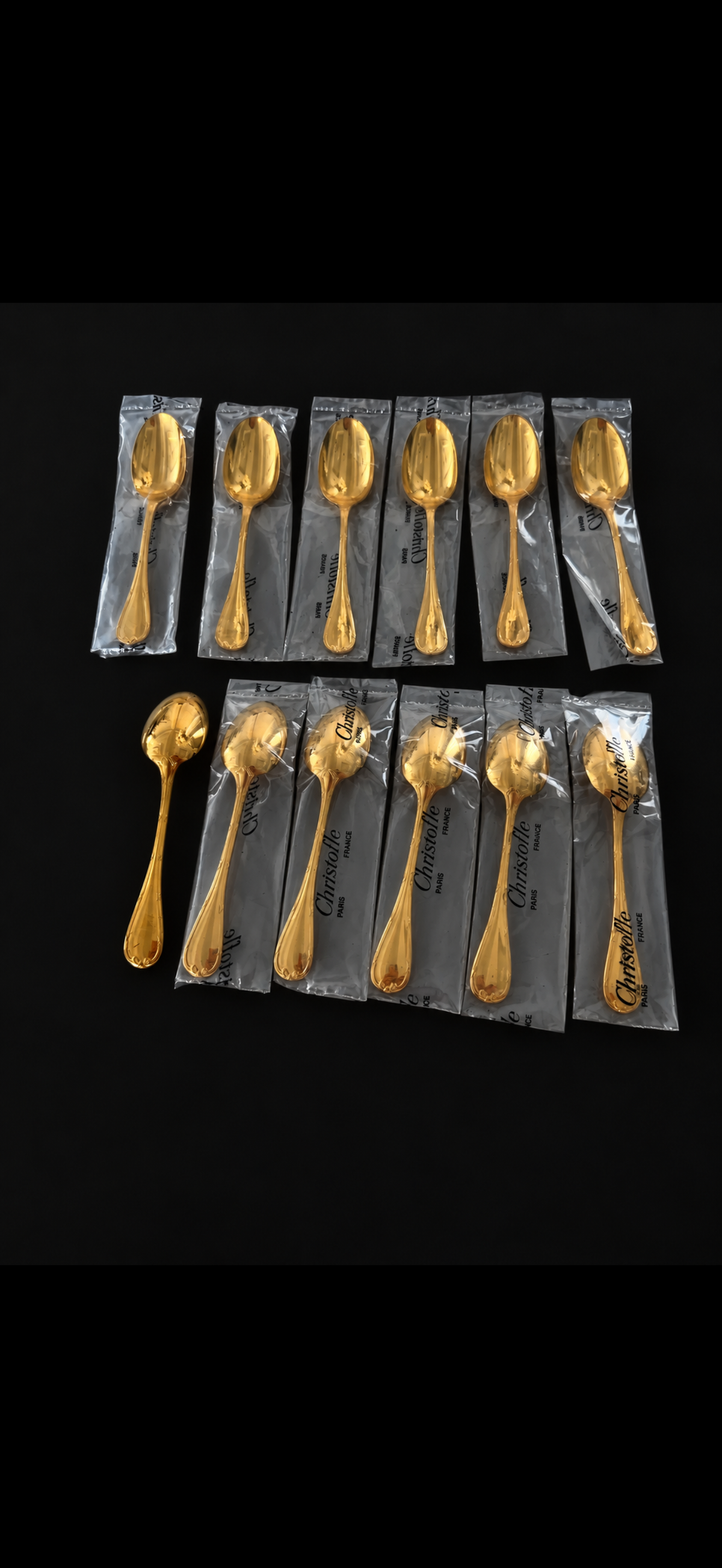 Christofle Rubans, 6 cuillères à moka en métal doré, neuves sous blister