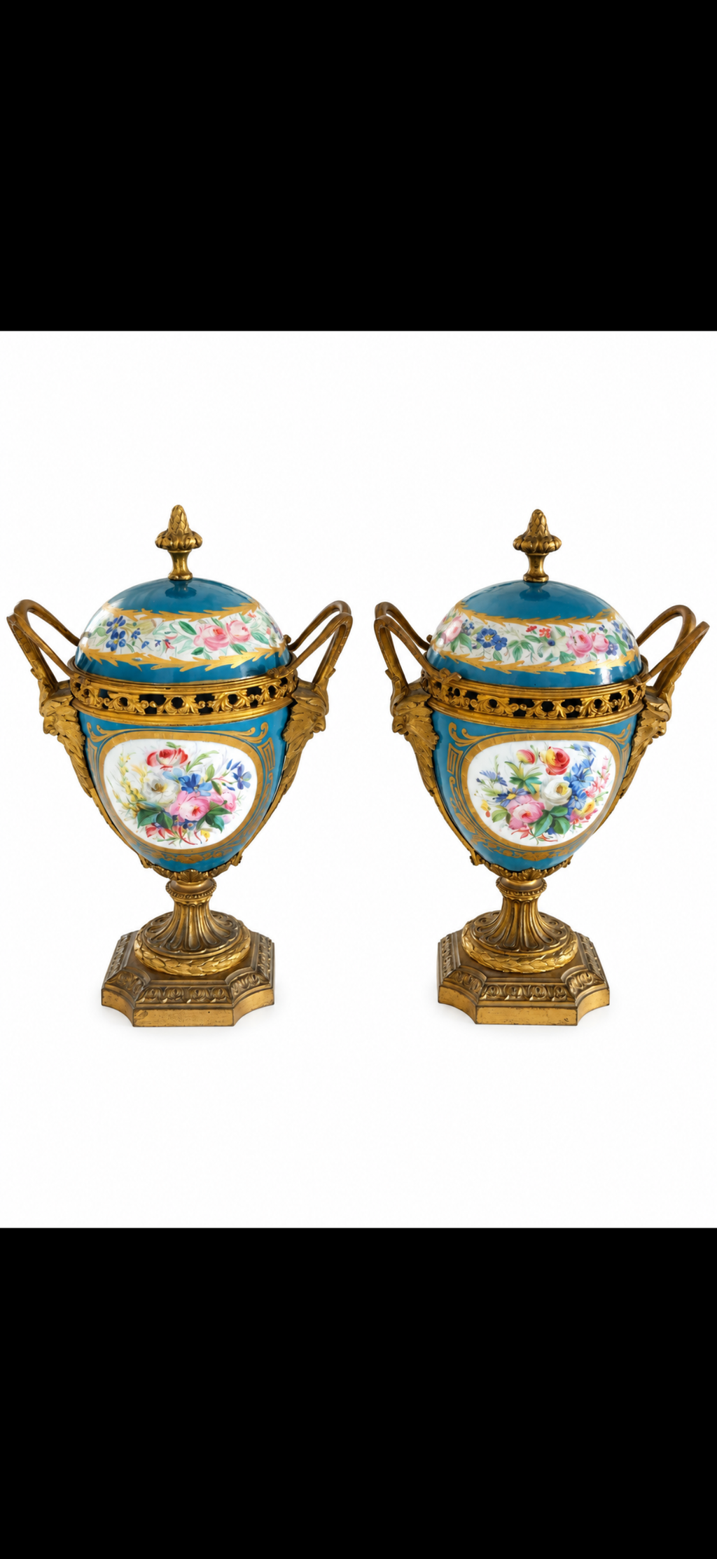 Paire de vases couverts dans le goût de Sèvres, porcelaine bleu céleste et bronze doré, fin du XIXe siècle