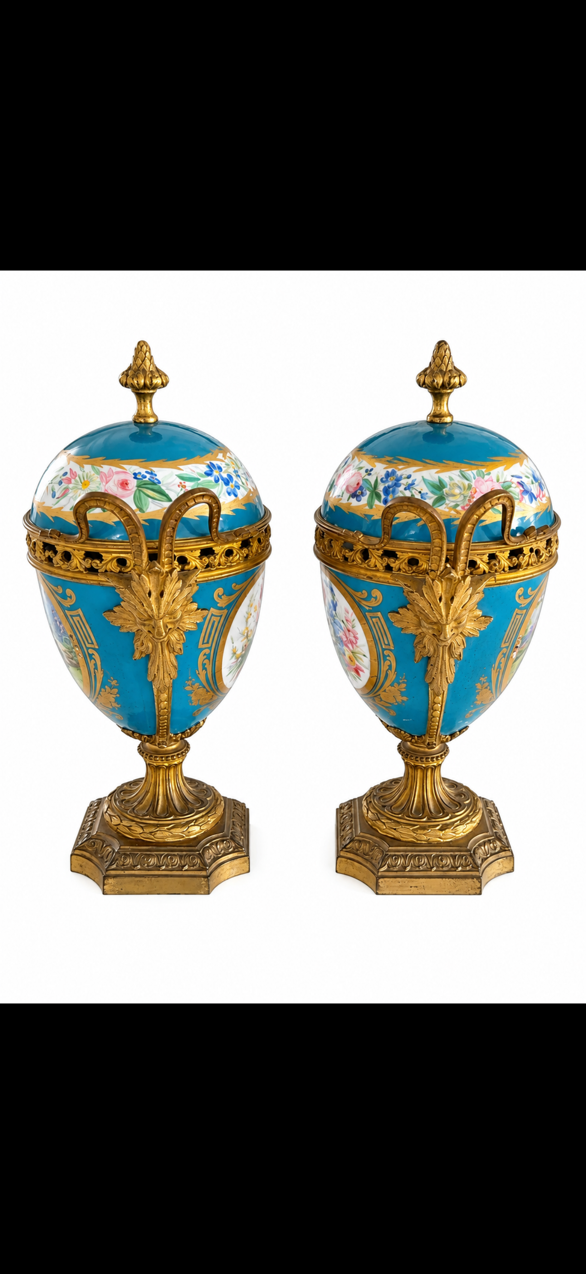 Paire de vases couverts dans le goût de Sèvres, porcelaine bleu céleste et bronze doré, fin du XIXe siècle