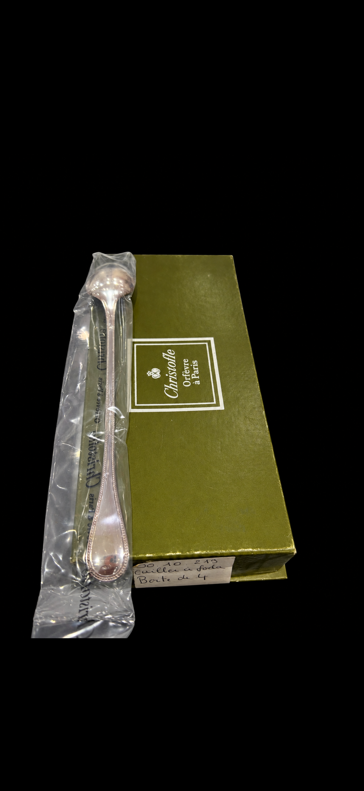 Christofle Perles, coffret de 4 cuillères à soda ou à cocktail en métal argenté, neuves sous blister