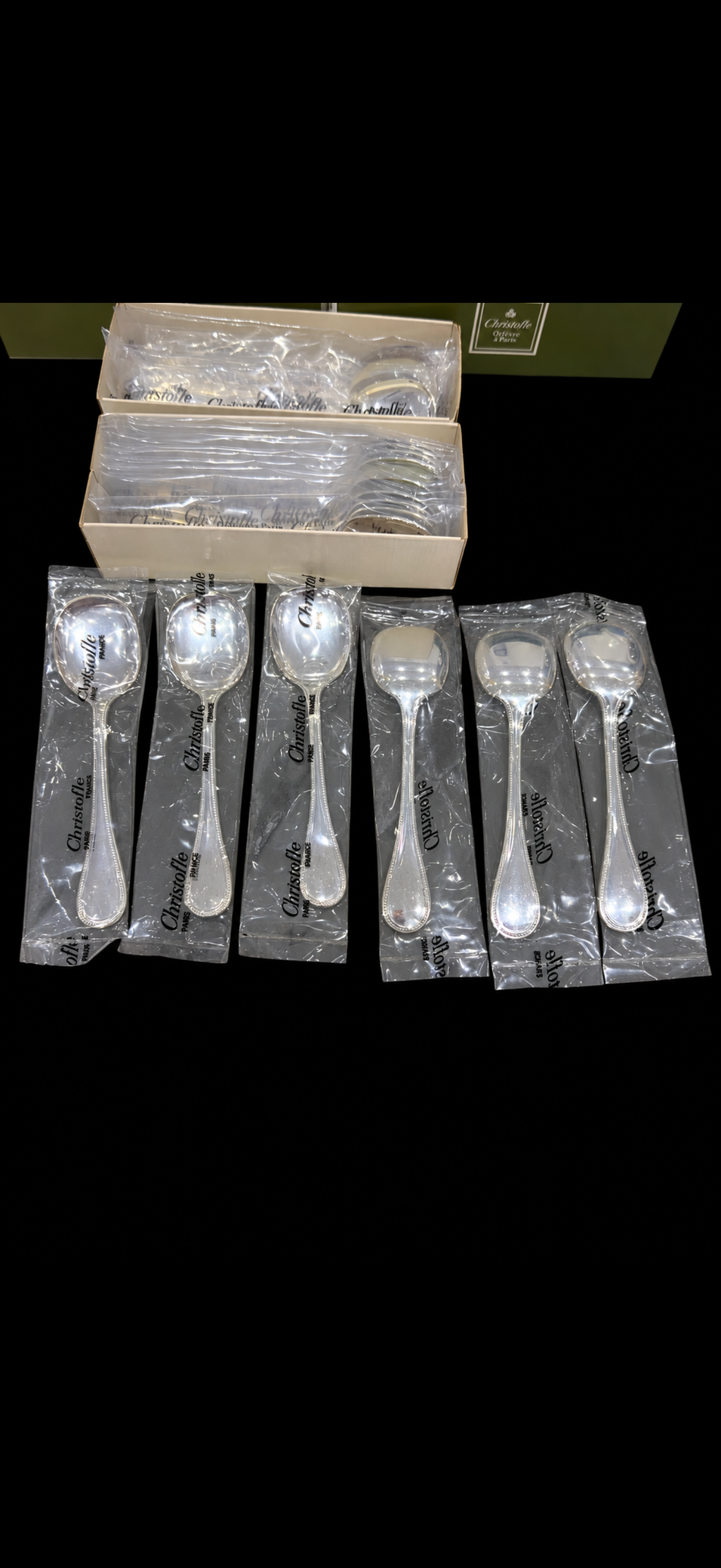 Christofle Perles, 6 cuillères à glace en métal argenté, neuves sous blister