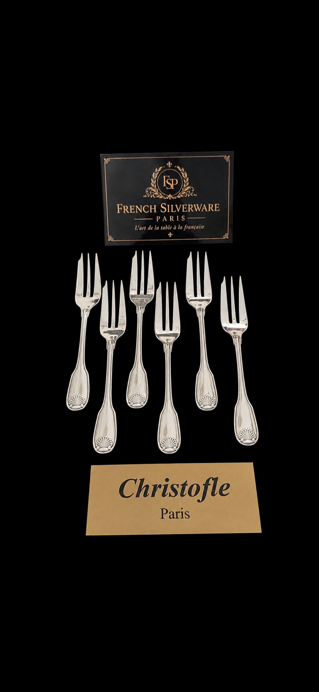 6 fourchettes à gâteau Christofle Vendôme en métal argenté, vue d'ensemble