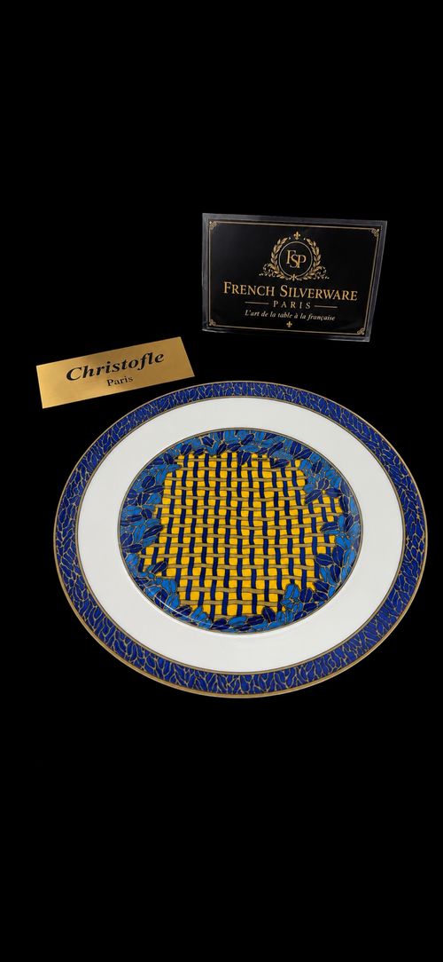 Assiette Christofle Pergola en porcelaine, décor bleu et jaune, vue de face