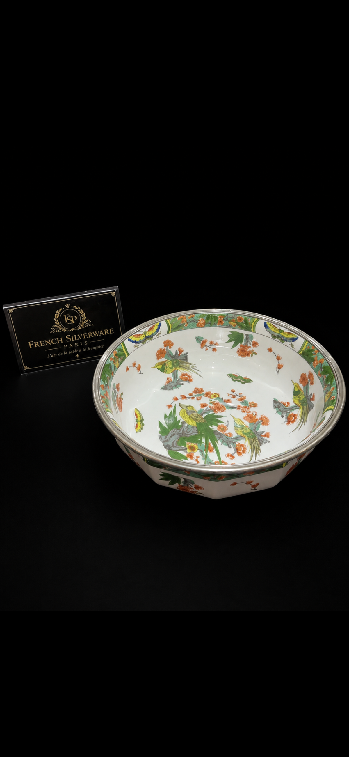 Grande coupe Raynaud Limoges en porcelaine polychrome, décor aux oiseaux, vue de face