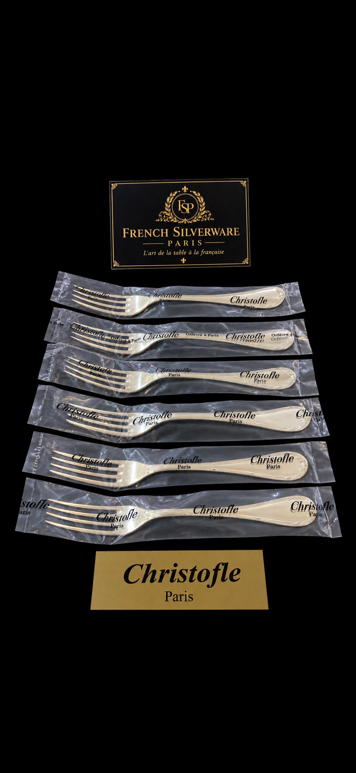 Lot de 6 fourchettes à entremet Christofle Rubans en métal argenté, sous blister, vue d'ensemble