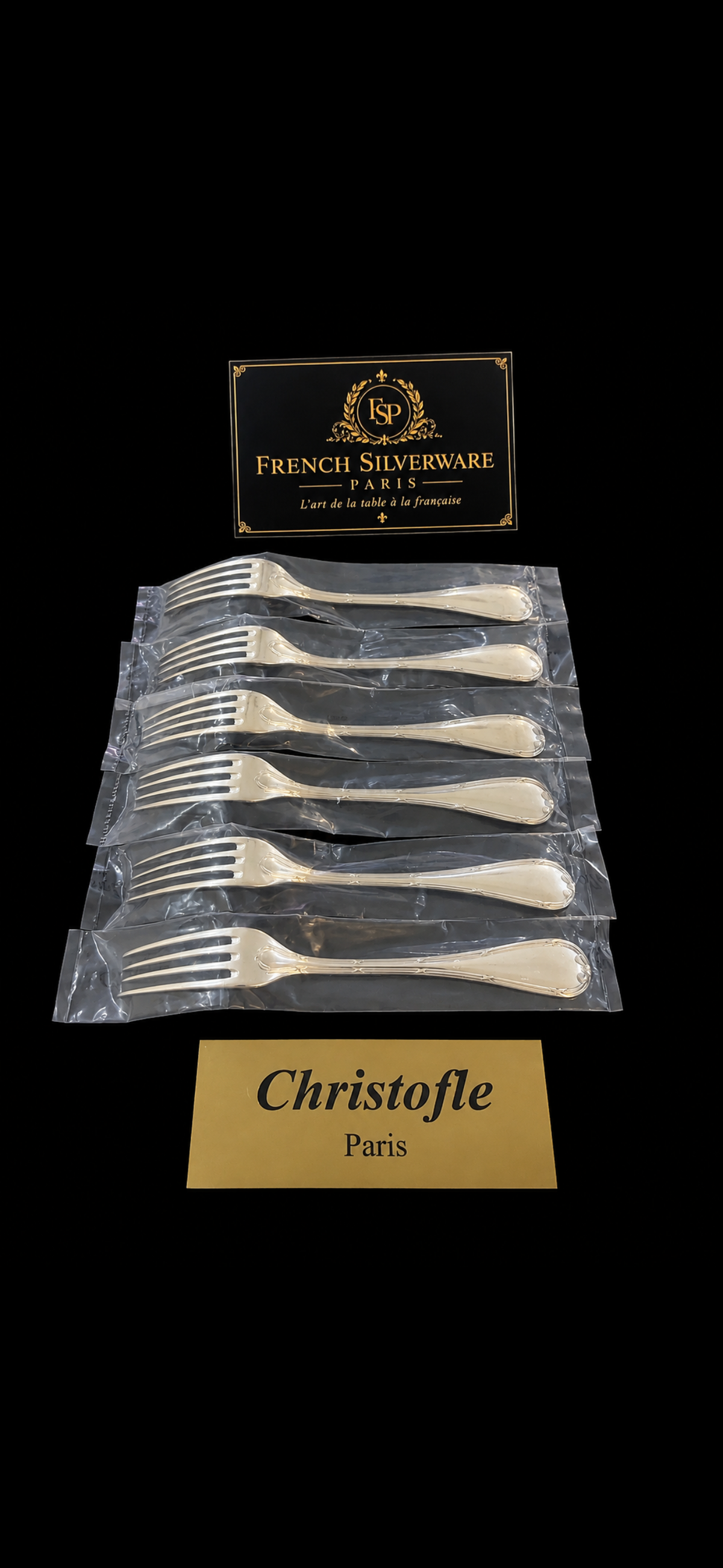 6 fourchettes Christofle Rubans sous blister, vue rapprochée