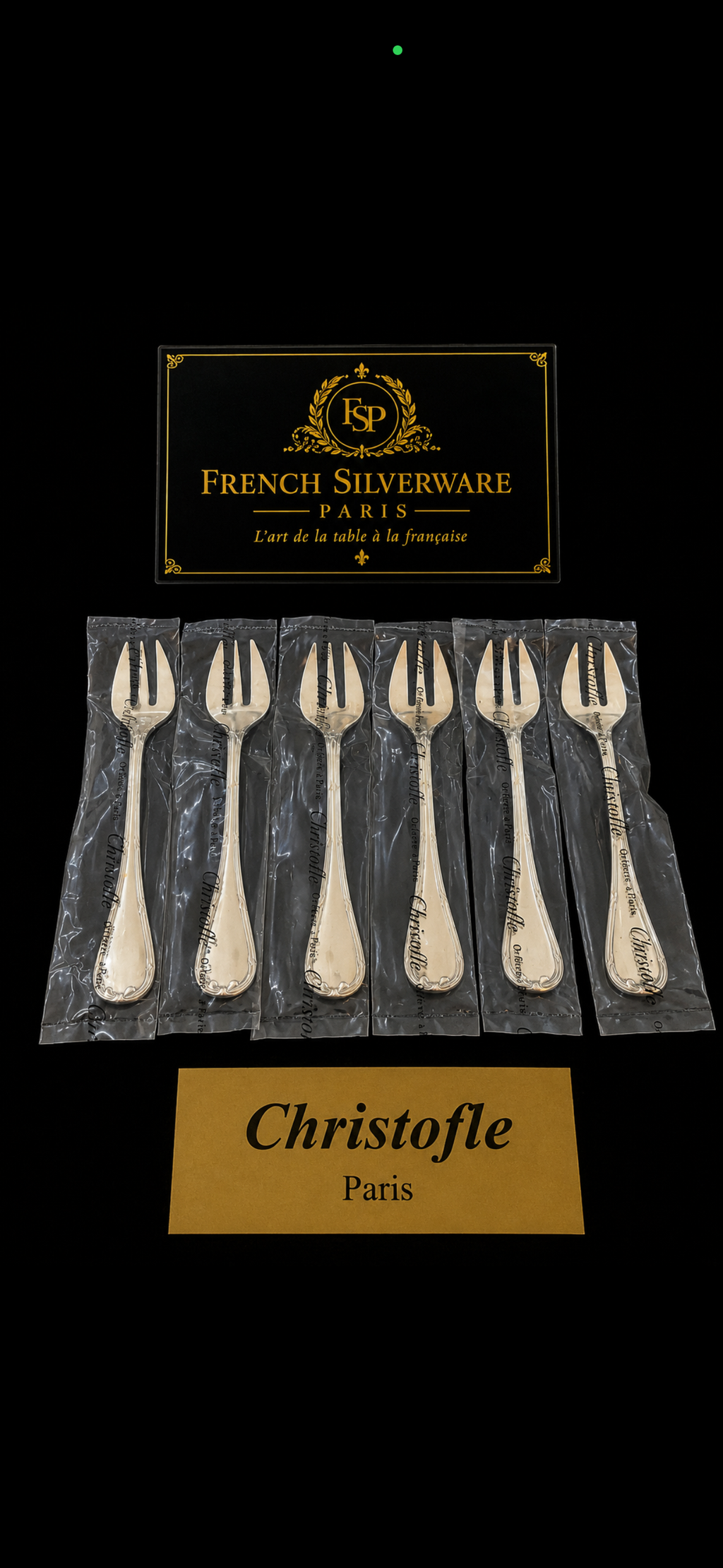 Lot de 6 fourchettes à huîtres Christofle Rubans en métal argenté, sous blister, vue d'ensemble