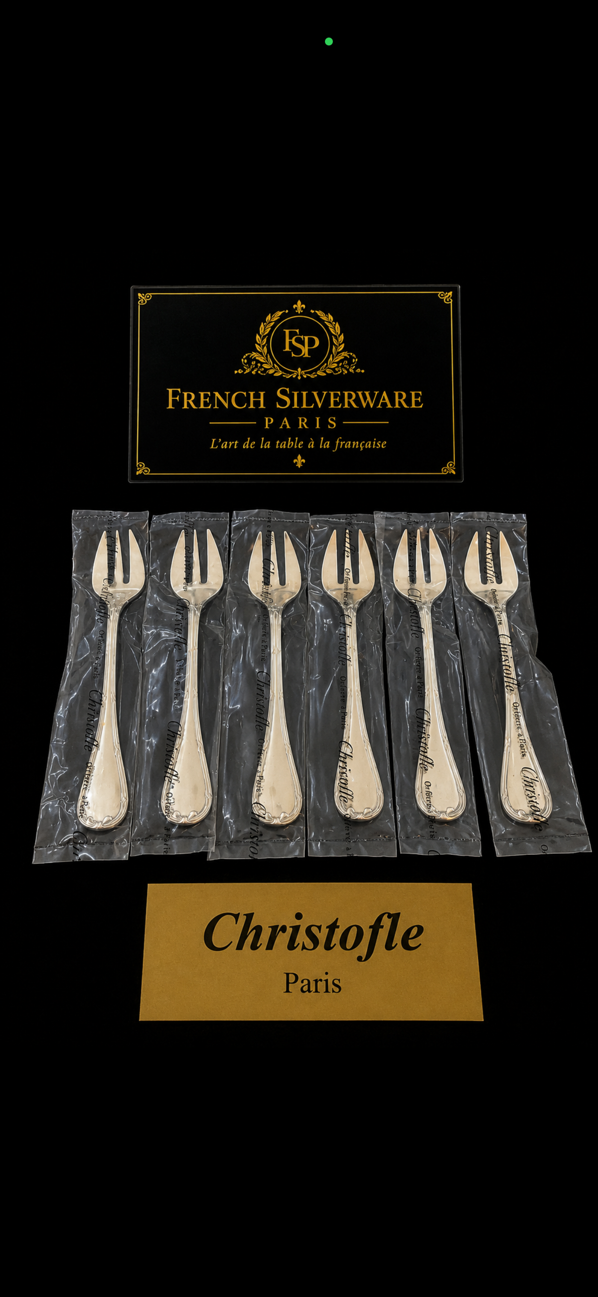 Lot de 6 fourchettes à huîtres Christofle Rubans en métal argenté, sous blister, vue d'ensemble