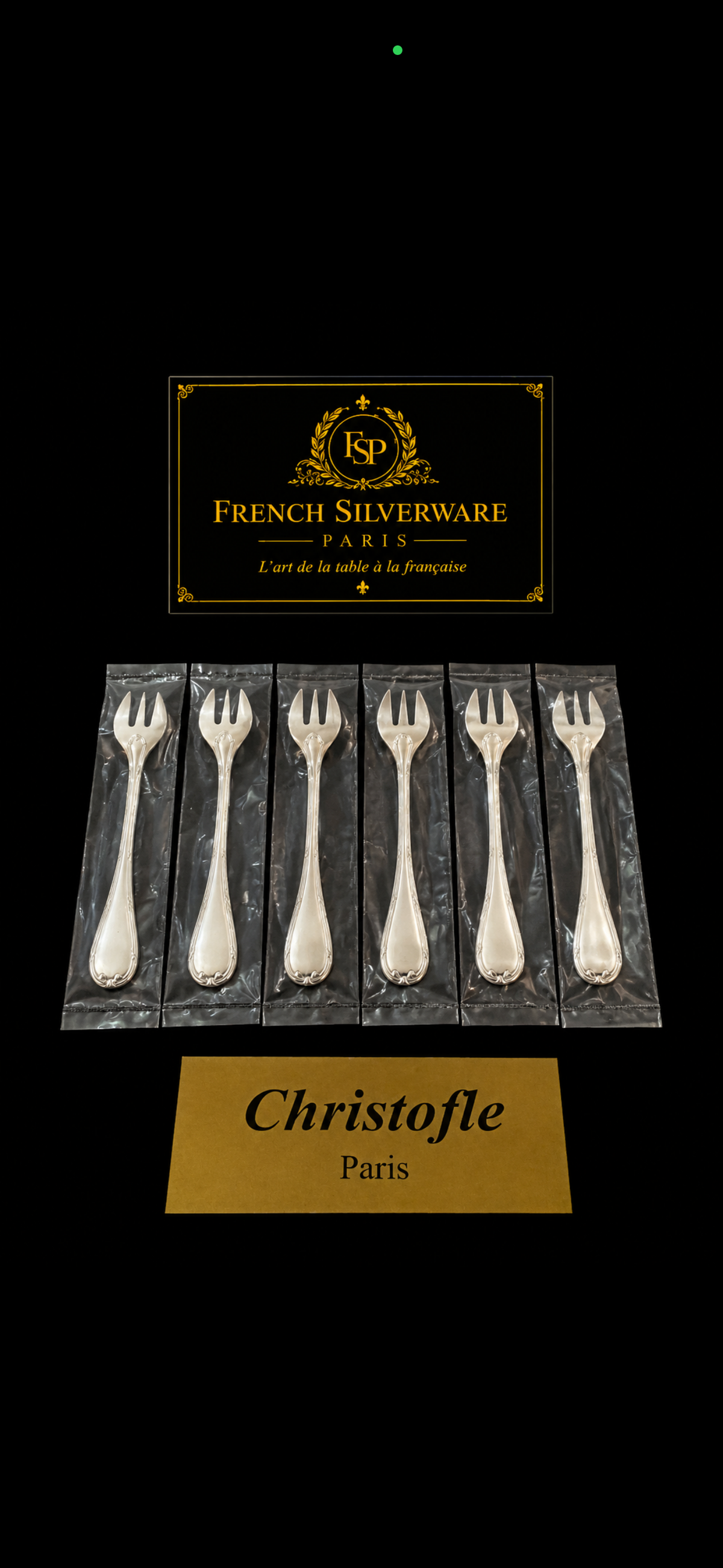6 fourchettes à huîtres Christofle Rubans sous blister, vue rapprochée