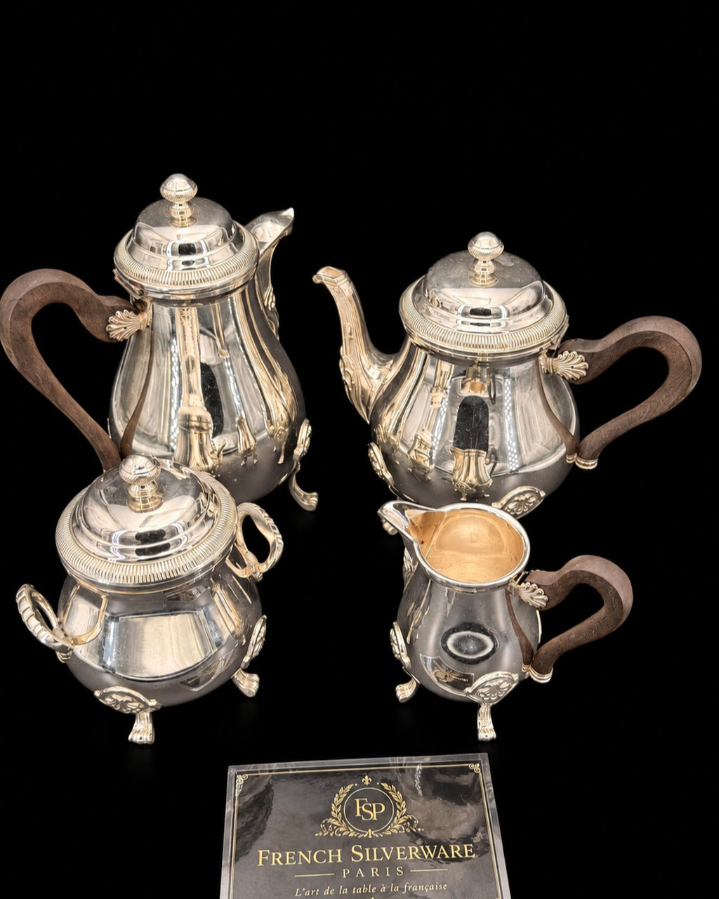 Service à thé et café Boulenger, quatre pièces, style Louis XVI, métal argenté