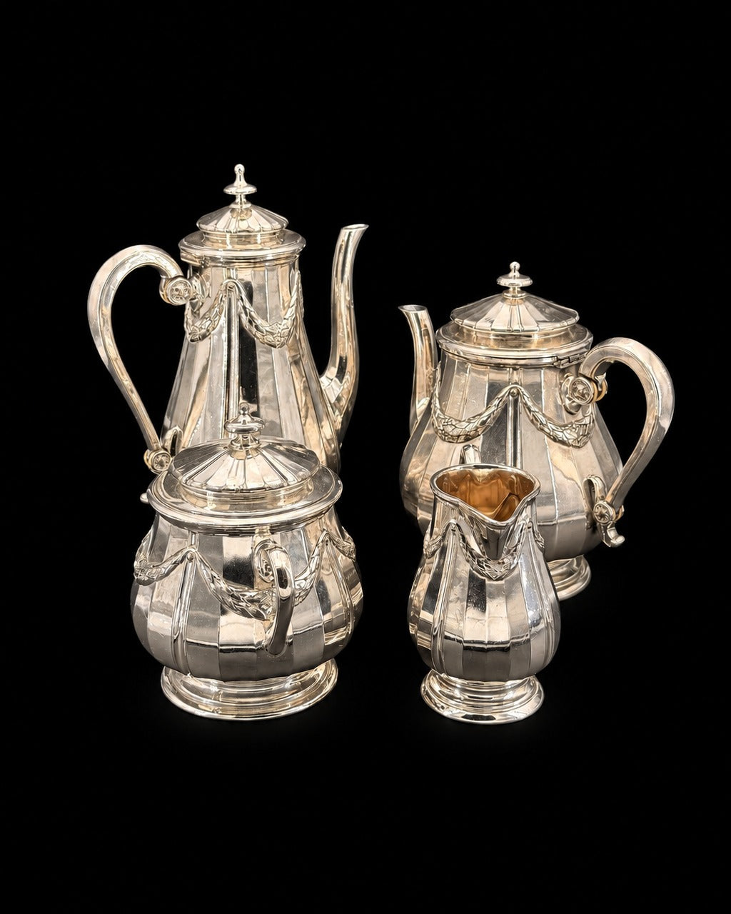 Service à thé et café Gallia pour Christofle, guirlandes de laurier, style Louis XVI, métal argenté
