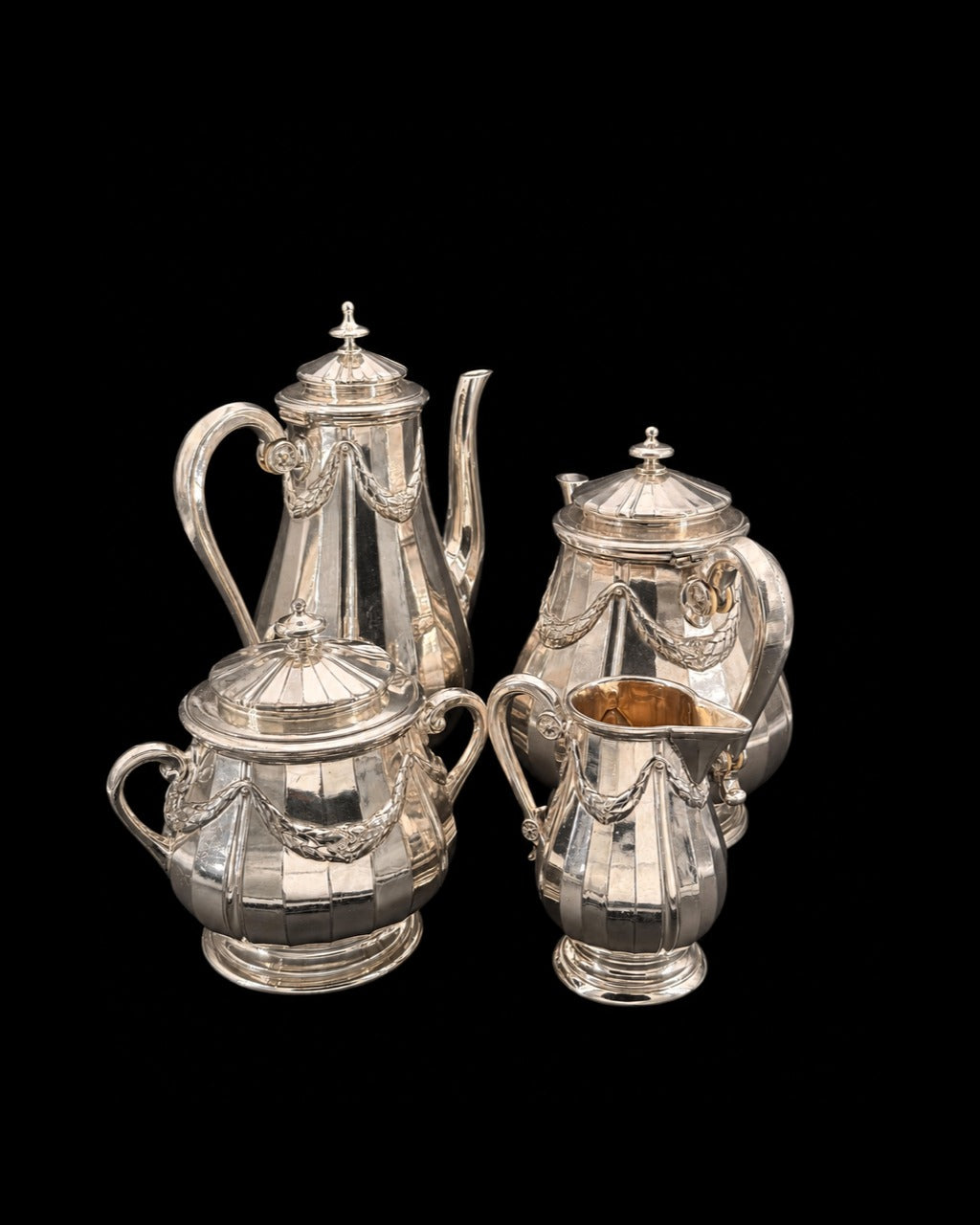 Service à thé et café Gallia pour Christofle, guirlandes de laurier, style Louis XVI, métal argenté