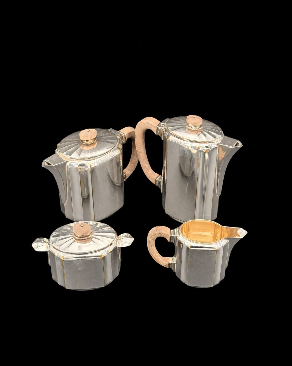 Service à thé et café Gallia Christofle Art déco, quatre pièces en métal argenté et bois