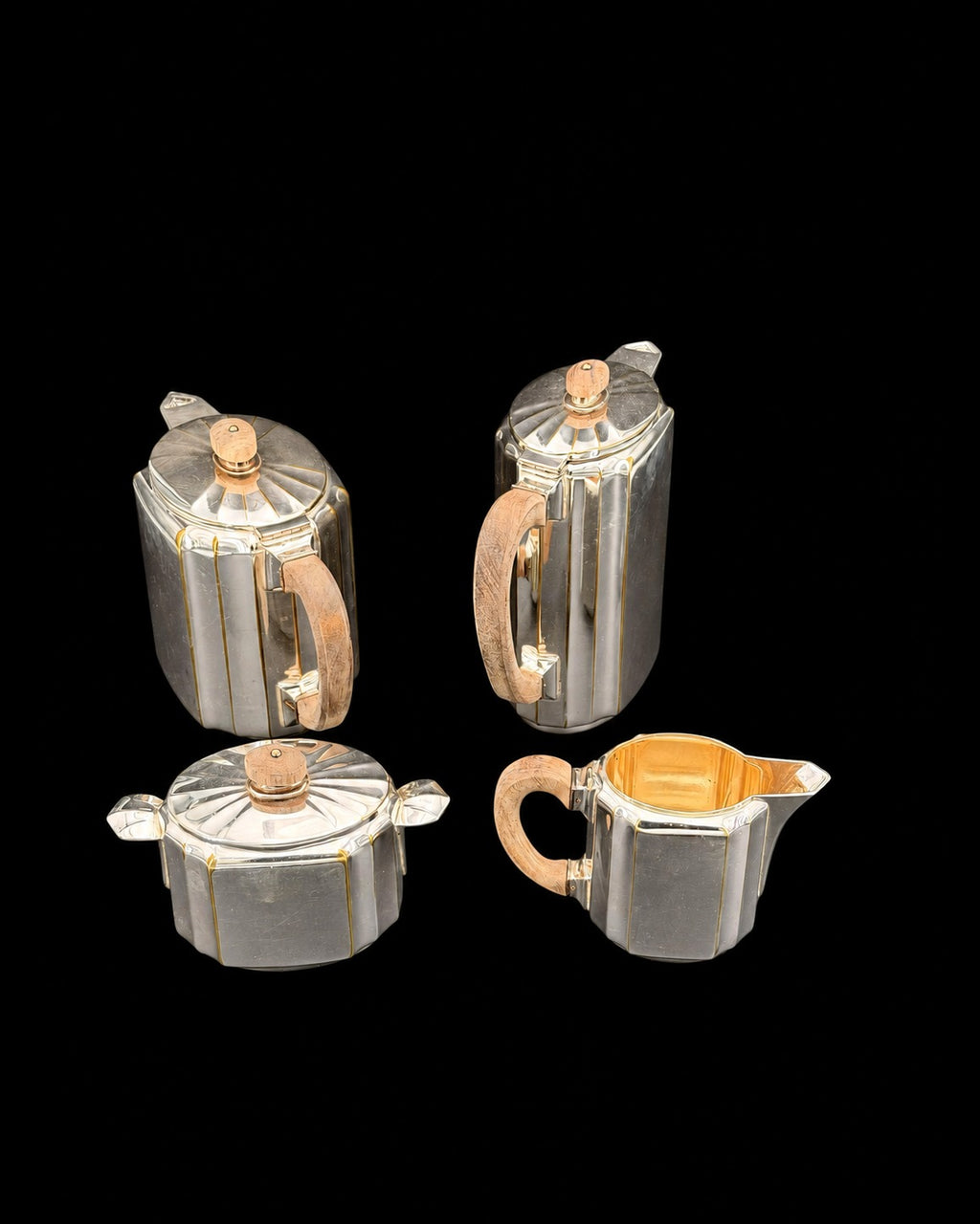 Service à thé et café Gallia Christofle Art déco, quatre pièces en métal argenté et bois