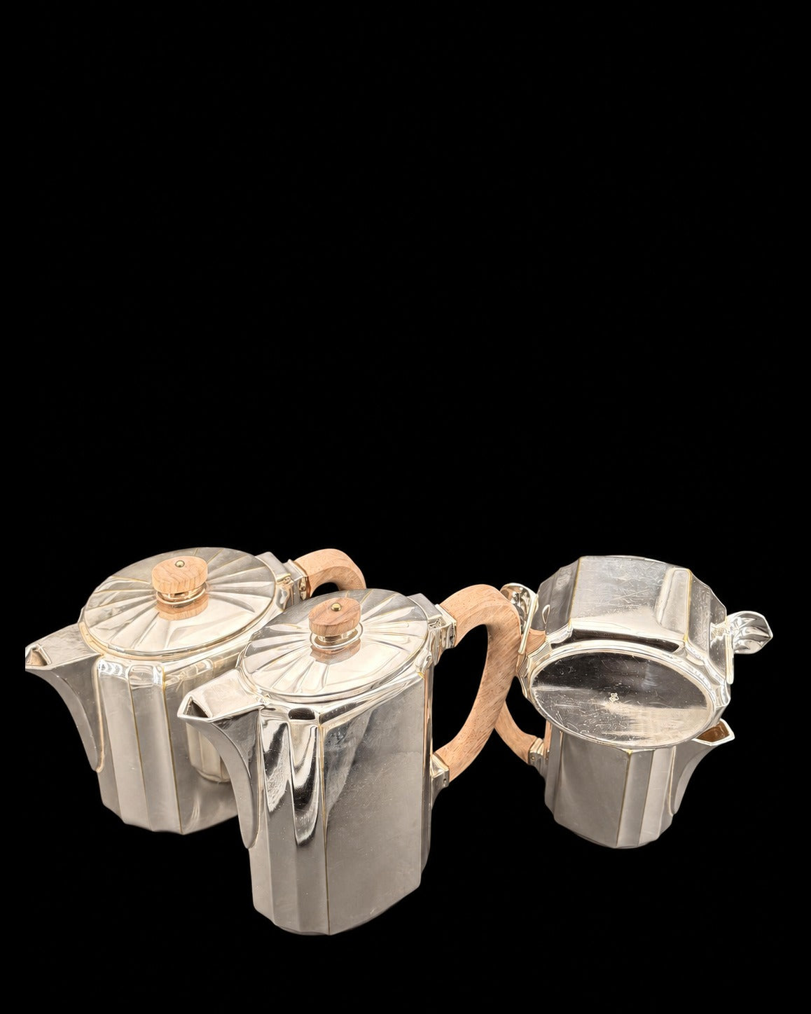 Service à thé et café Gallia Christofle Art déco, quatre pièces en métal argenté et bois