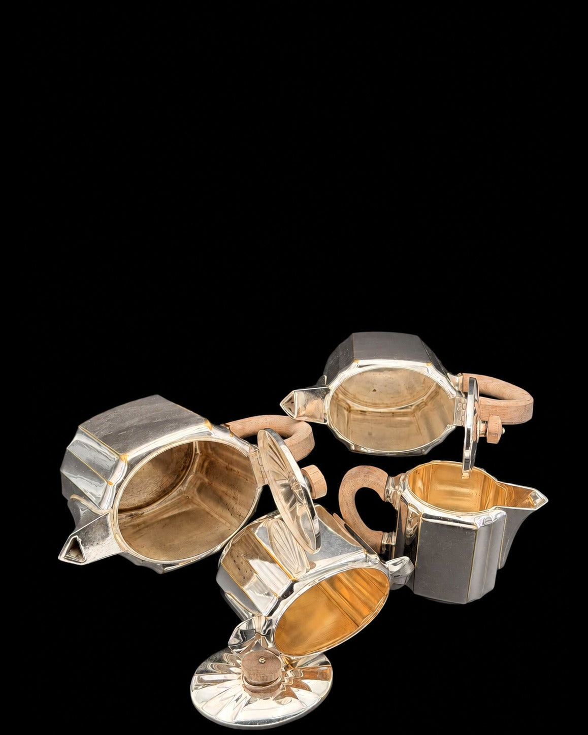 Service à thé et café Gallia Christofle Art déco, quatre pièces en métal argenté et bois