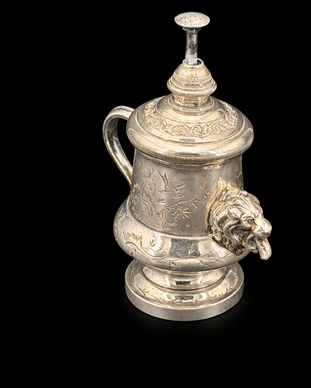 Automoutardier breveté B.S.G.D.G., bec en tête de lion, bronze argenté, XIXe siècle
