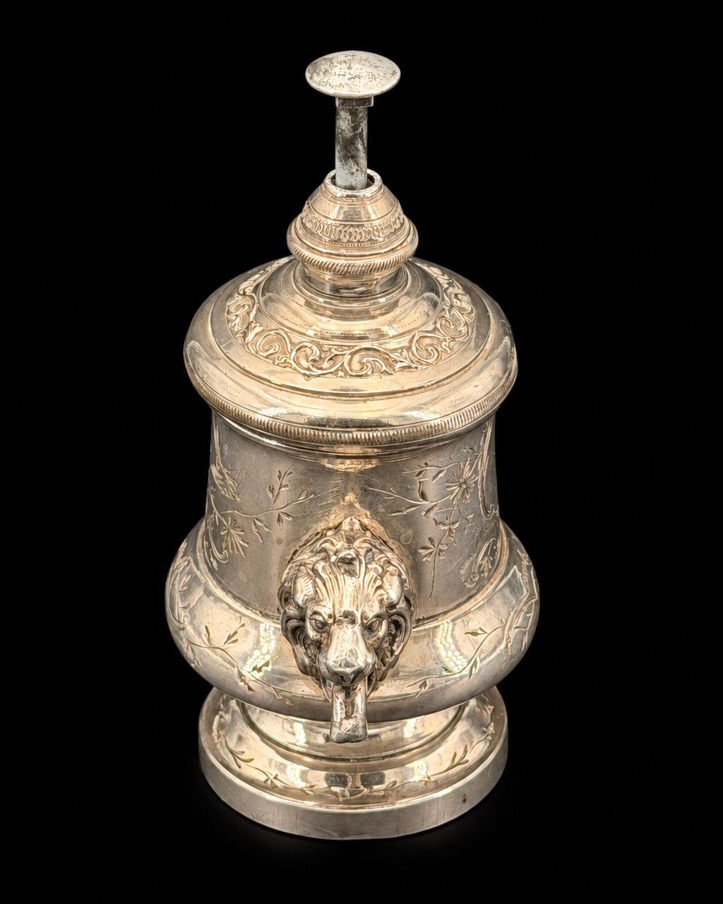 Automoutardier breveté B.S.G.D.G., bec en tête de lion, bronze argenté, XIXe siècle